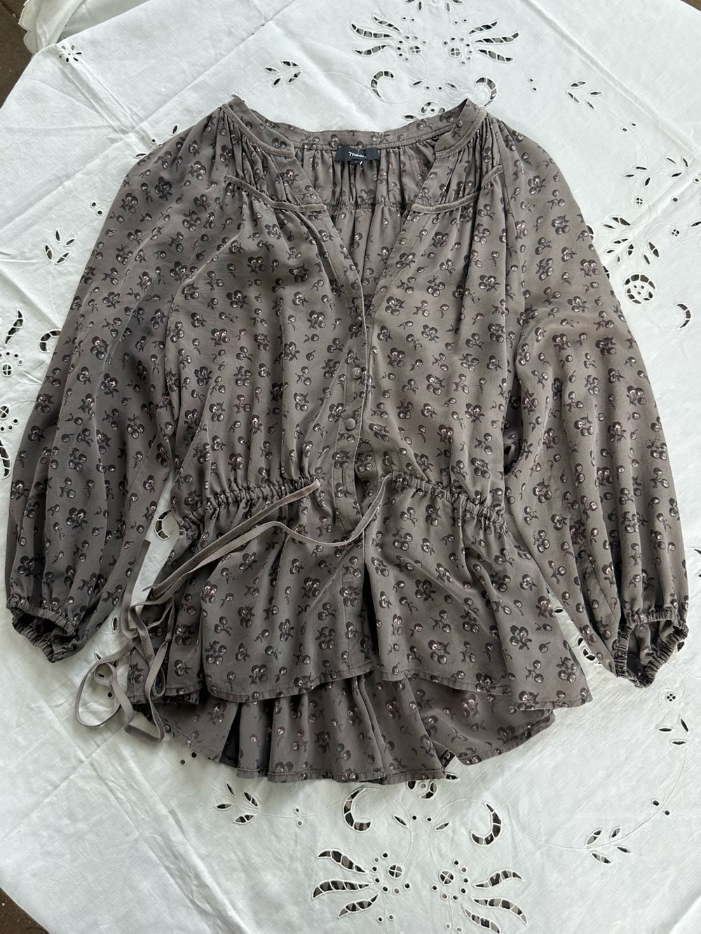 Theory Taupe Silk Tie-Waist Blouse